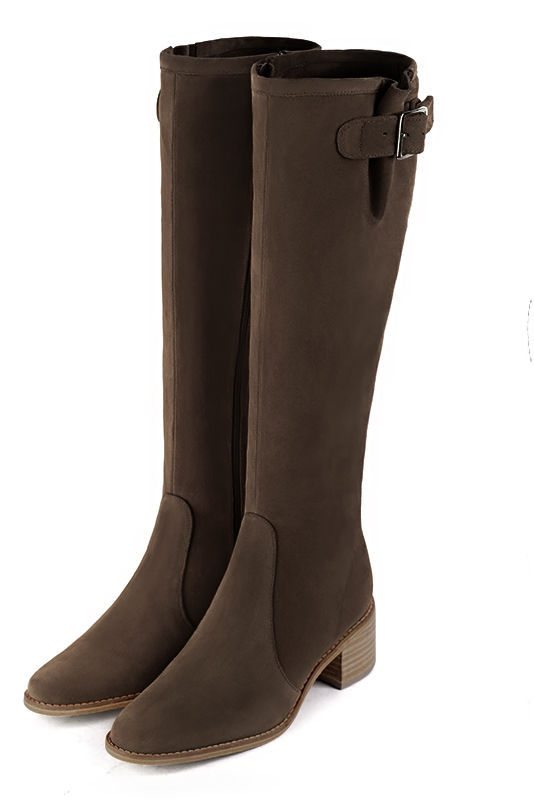Chocolate brown women's knee-high boots with buckles. Round toe. Low leather soles. Made to measure. Front view - Florence KOOIJMAN